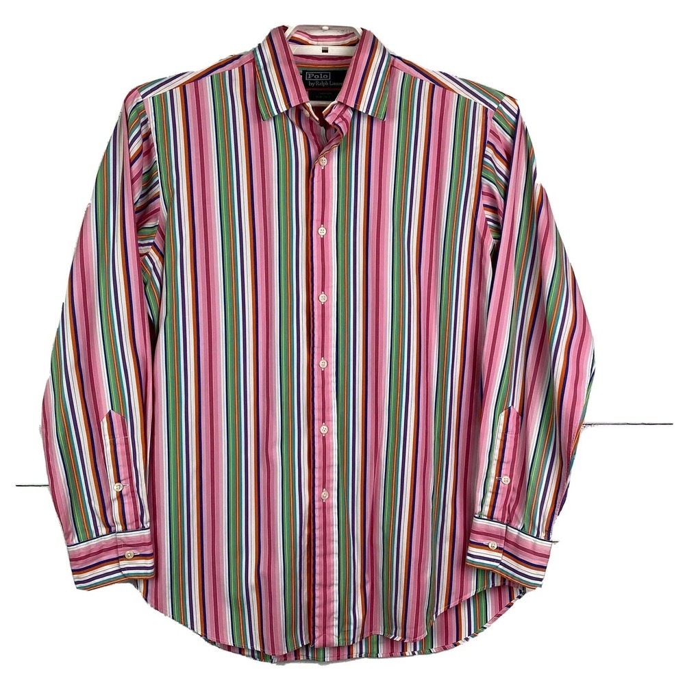 Polo Ralph Lauren Mens Shirt Medium L/S‎ Stripe CURHAM Classic Fit Button Front
